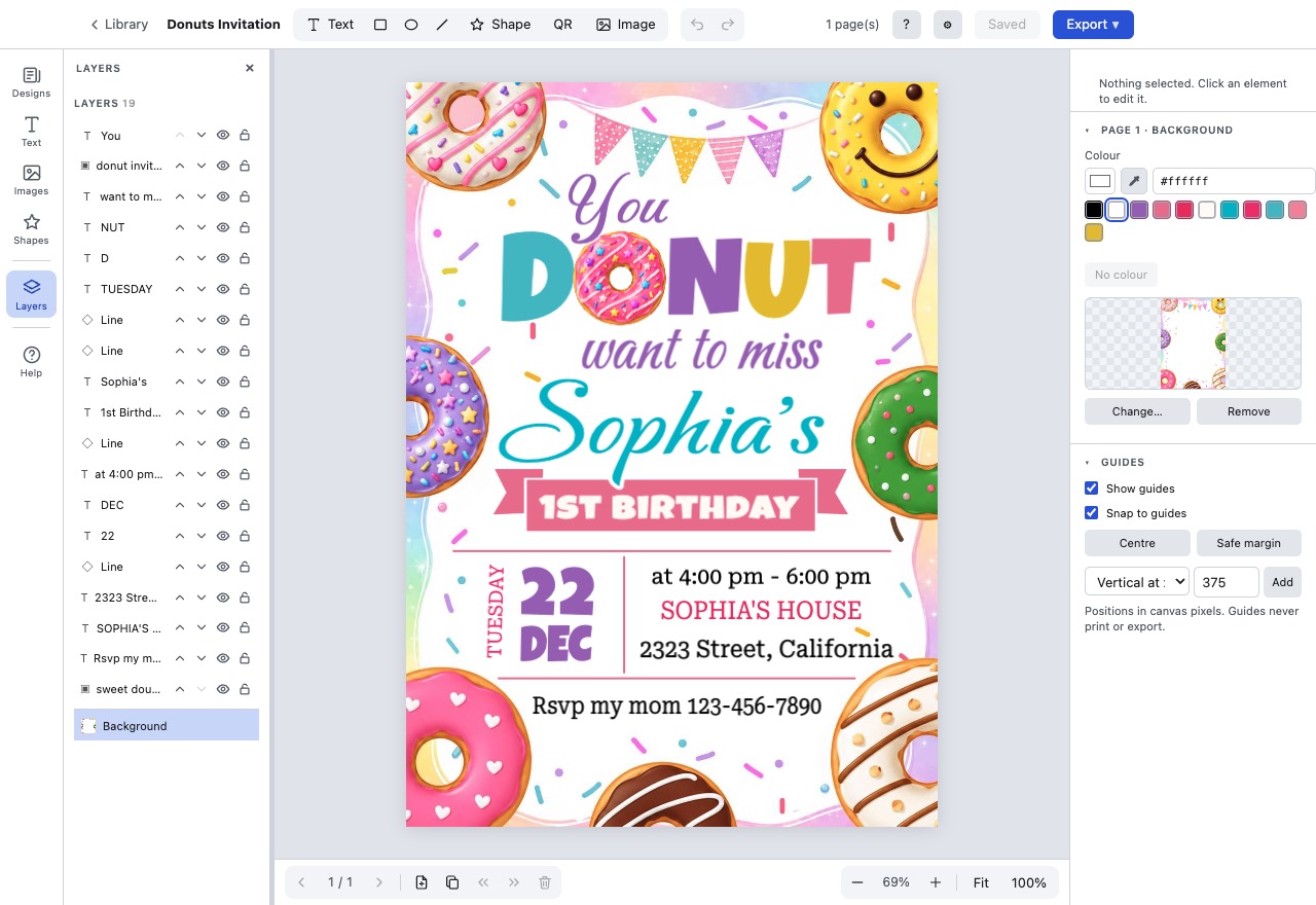 A birthday invitation open in BoboStudio: the tools down the left, the design in the middle, its layers beside it, and its colours and settings on the right.
