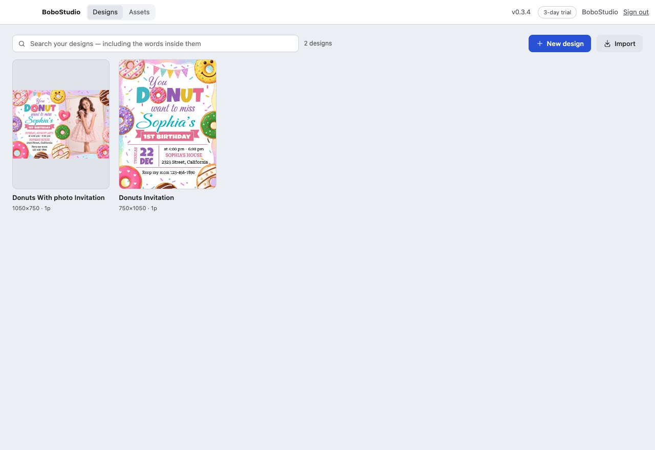 The BoboStudio library, showing two imported invitation designs as thumbnails.