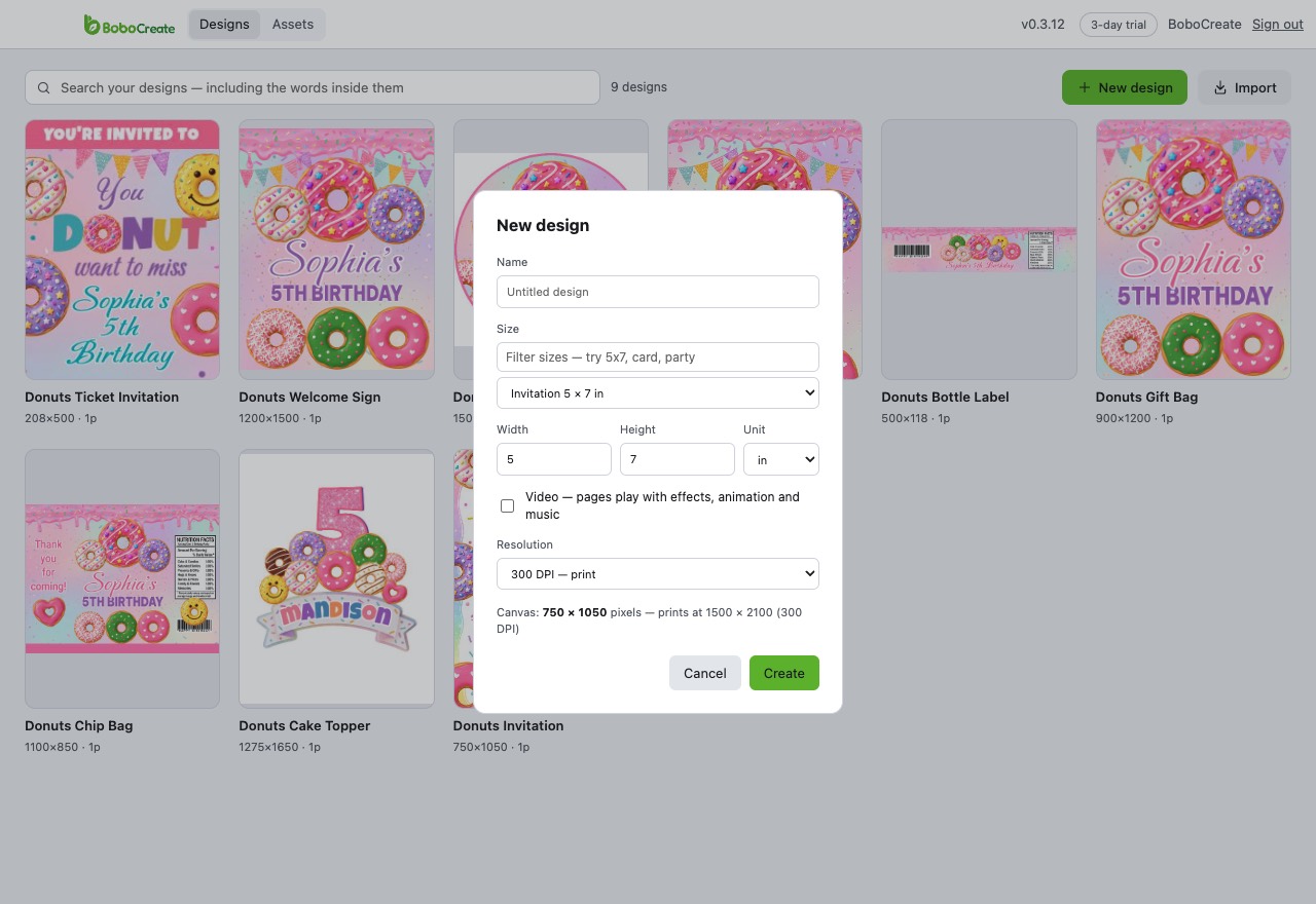 Starting a new design in BoboCreate: a box to filter the sizes, a list with Invitation 5 × 7 in chosen, its width, height and unit, and a line saying the canvas is 750 × 1050 pixels and prints at 1500 × 2100 at 300 DPI.