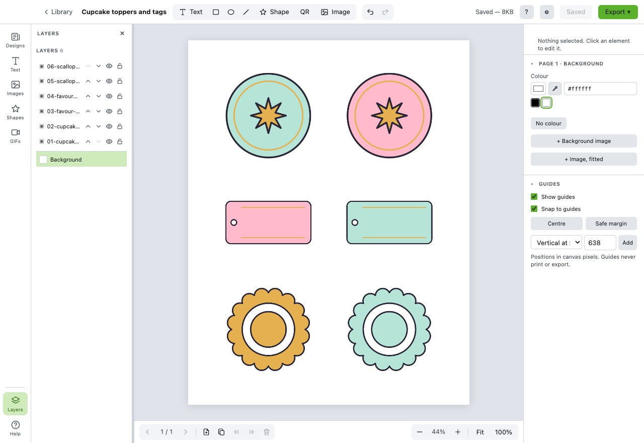 Six cupcake toppers, favour tags and scalloped circles laid out on a Letter page in BoboCreate, each one its own layer, ready for a Cricut to print and cut out.