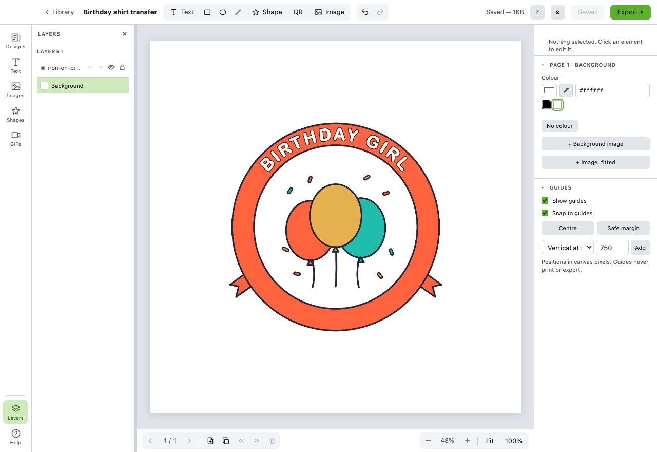 A birthday badge open in BoboStudio: a ribbon banner reading BIRTHDAY GIRL wrapped around a cluster of balloons, drawn on a transparent page ready to iron on.