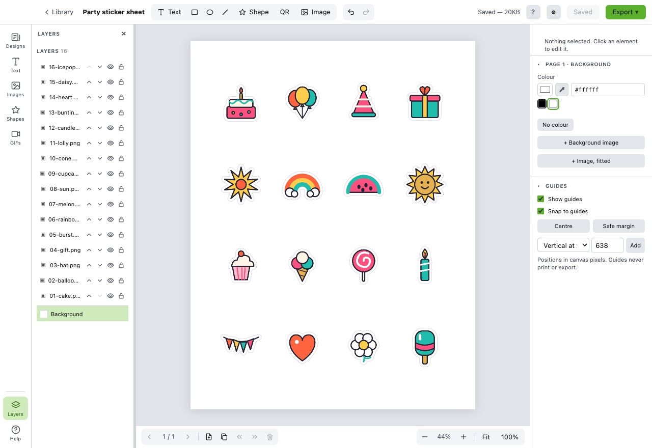 A sticker sheet open in BoboStudio: sixteen party stickers laid out on Letter paper, each with a white cut border around it, and sixteen layers listed beside them.